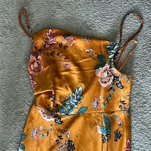 Orange silk floral cowl neck midi
